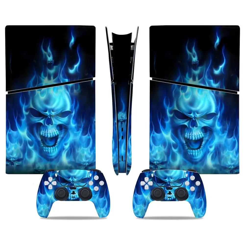 eWINNER Full Body Vinyl Skin Set for PS5 Slim Digital Edition Console and 2 Controllers, Blue Flame Skull Design Decal Wrap Cover - 08-6DSN-R8SI