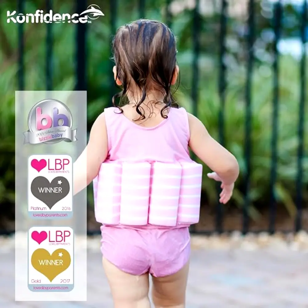 Konfidence Kids One Piece Float Swimsuit Buoyancy Swim Aid, Soft Lycra with Built-In Foam Floats, UV Sun Protective Learn to Swim Costume, 1-2 Years, Pink Breton Stripe - FS02-02 - Image 3