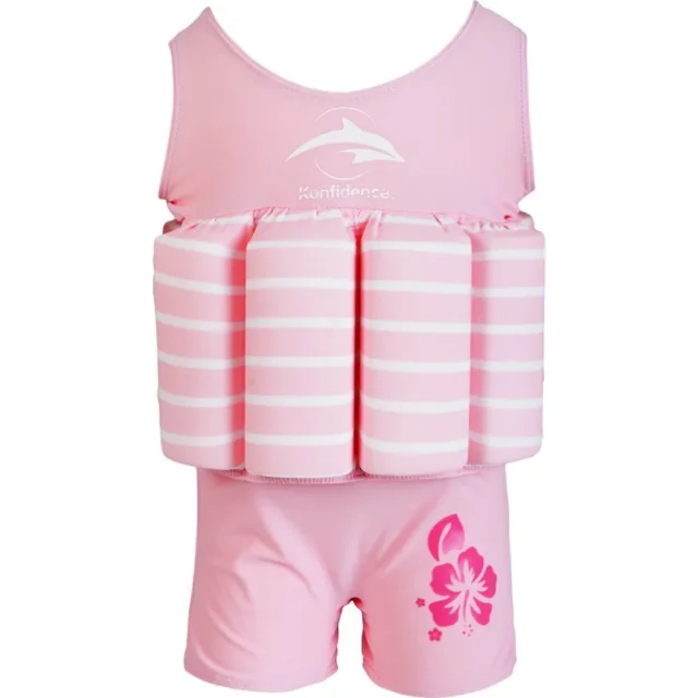 Konfidence Kids One Piece Float Swimsuit Buoyancy Swim Aid, Soft Lycra with Built-In Foam Floats, UV Sun Protective Learn to Swim Costume, 4-5 Years, Pink Breton Stripe - FS02-05