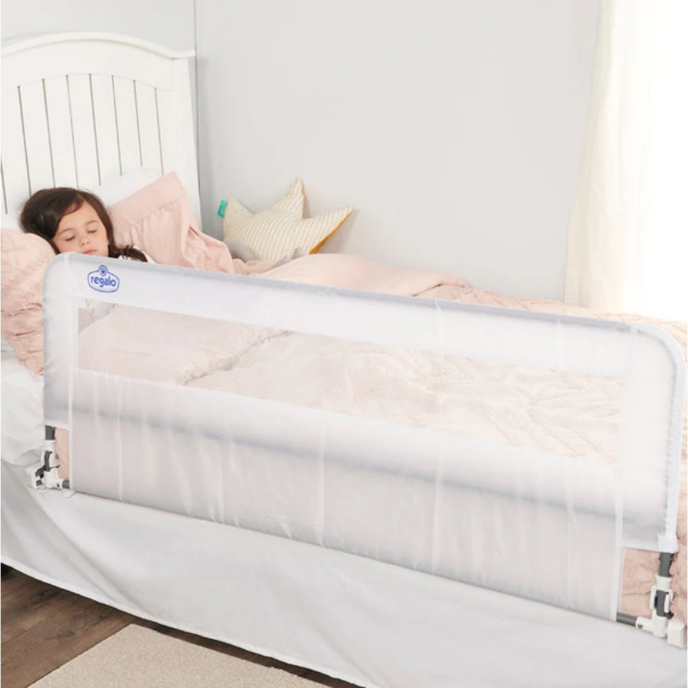 Regalo Extra Long Swing Down Bed Rail for Kids, 137 x 51 cm, Safety Guard for Toddler Bed, Sturdy Metal Frame, Fits Queen Mattress, Easy Install and Foldable, White - 5010 HD N