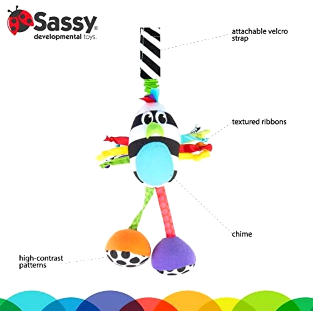 Sassy Boppin Birdie Sensory Toy, High Contrast, Chime Sound, BPA-Free, No Paint, Tactile Ribbons for Strollers and Car Seats, Multicolour - 80660 - Image 3