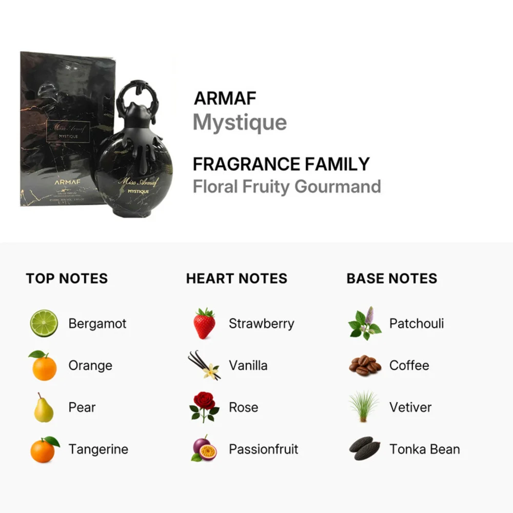 Armaf Miss Armaf Mystique Eau de Parfum 100ml for Women, Floral Fruity Gourmand Long Lasting Fragrance Spray, Top Notes of Bergamot, Orange, Pear, Elegant Scent - Image 6