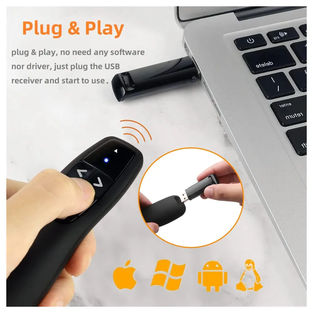eWINNER 2.4GHz Wireless Presenter Remote with Red Light Pointer and USB Receiver, Plug and Play PowerPoint Clicker for Windows, Mac, Android and Linux, Black - T5-PQ28-8UCR - Image 4