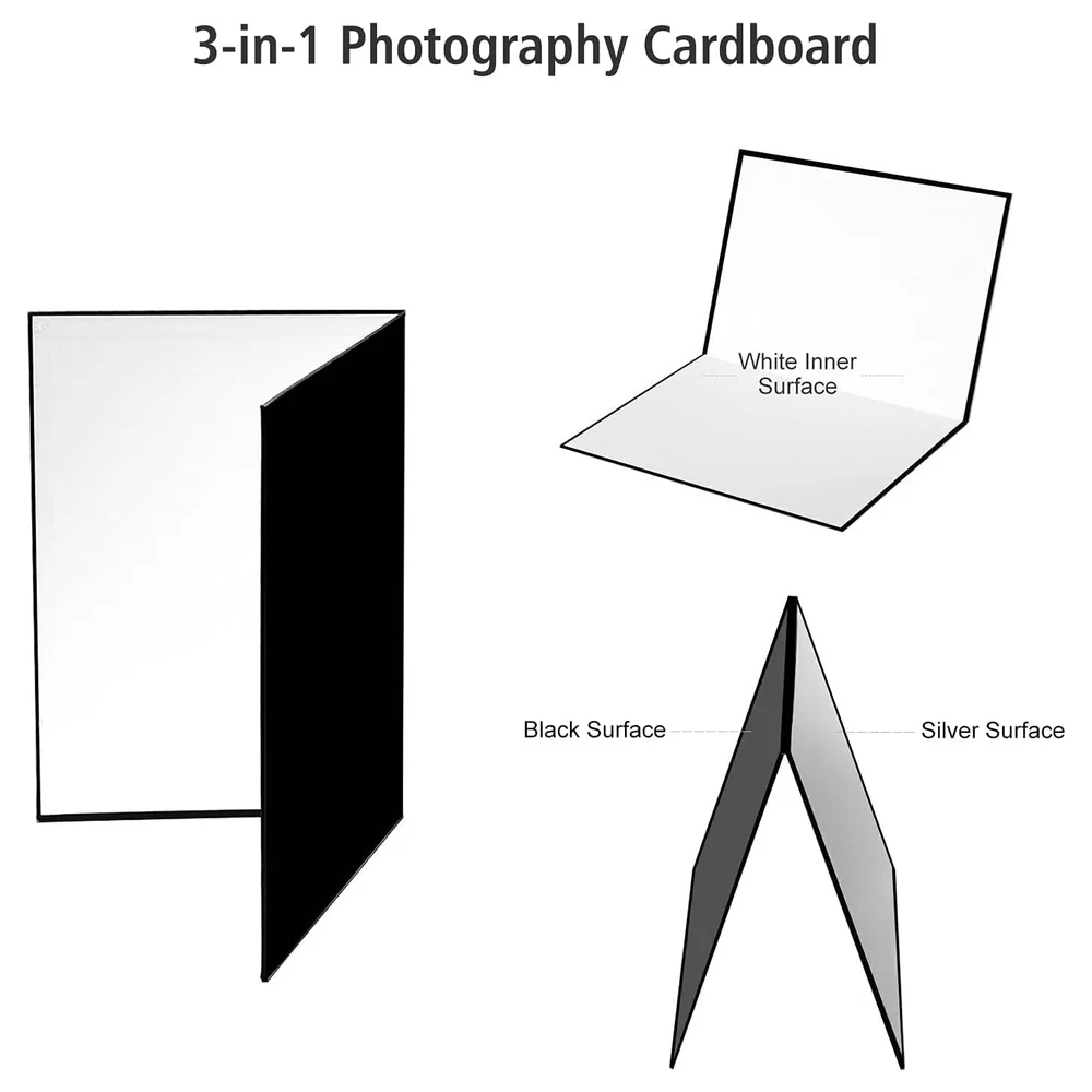 eWINNER 3-in-1 Foldable Photography Reflector Board, A4 Black White and Silver Double-Sided Cardboard for Product, Food and Jewellery Still Life Photos - 2Q-BLX0-L01A - Image 2