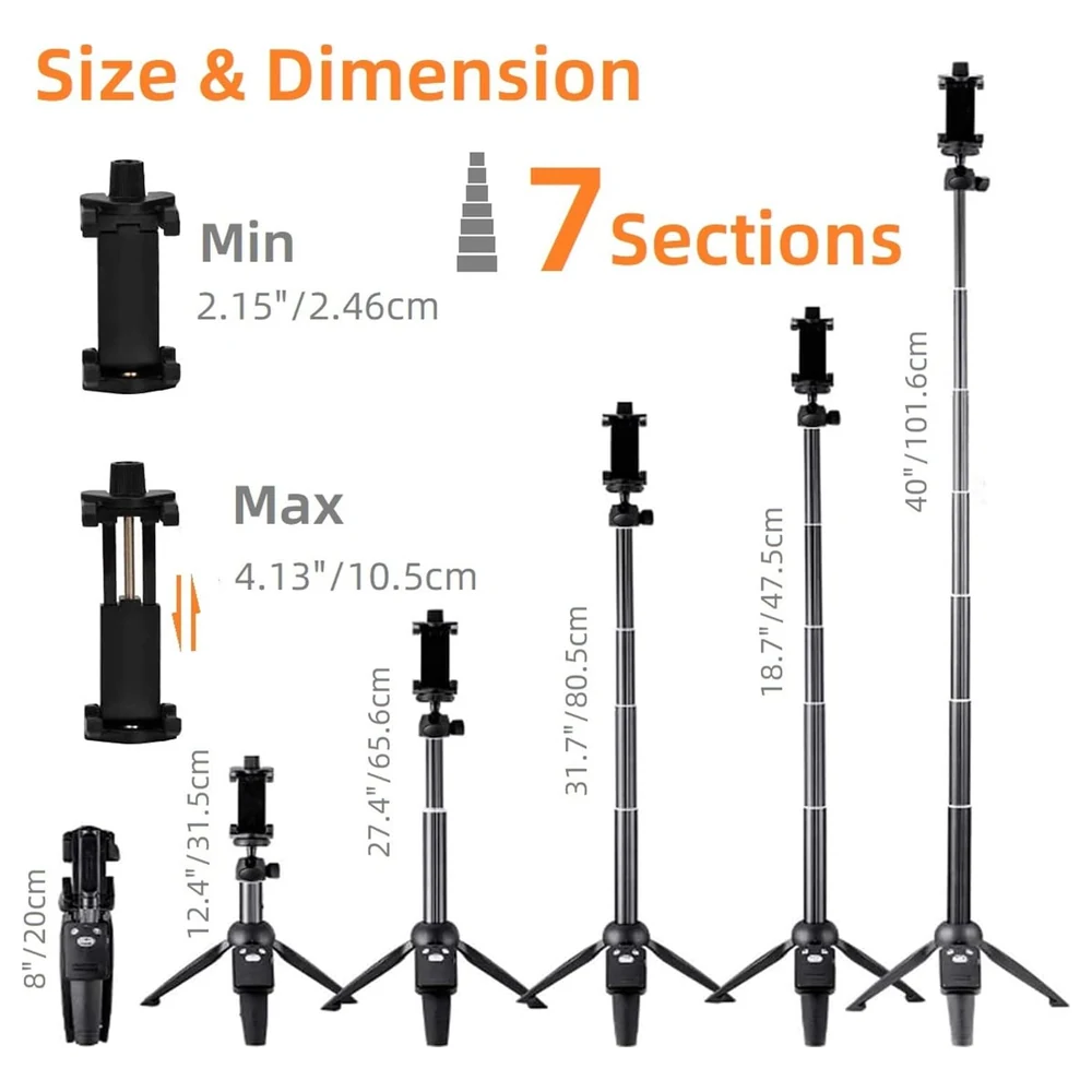 eWINNER 3 in 1 Selfie Stick Tripod with Rechargeable Wireless Remote, 40 Inch Extendable 7 Section Pole and 360 Degree Rotating Phone Holder for iPhone, Samsung and Action Cameras - 2724445031143 - Image 2