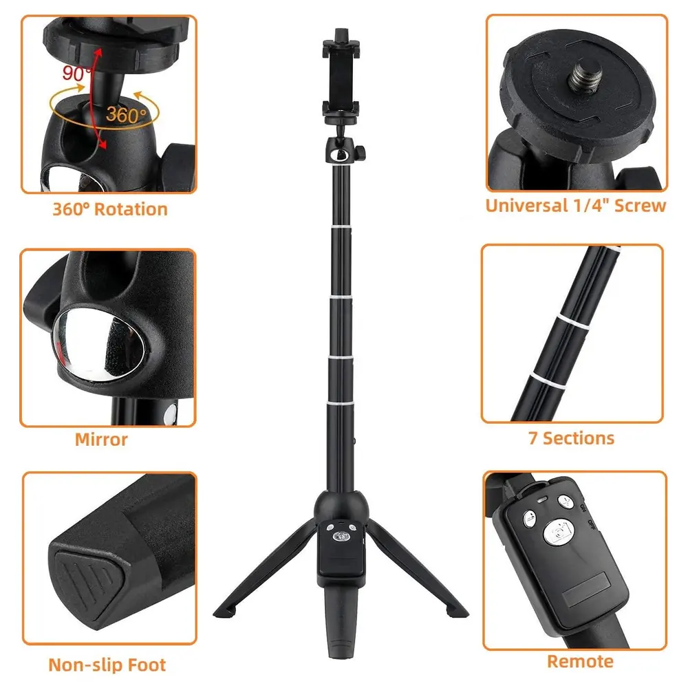 eWINNER 3 in 1 Selfie Stick Tripod with Rechargeable Wireless Remote, 40 Inch Extendable 7 Section Pole and 360 Degree Rotating Phone Holder for iPhone, Samsung and Action Cameras - 2724445031143 - Image 5