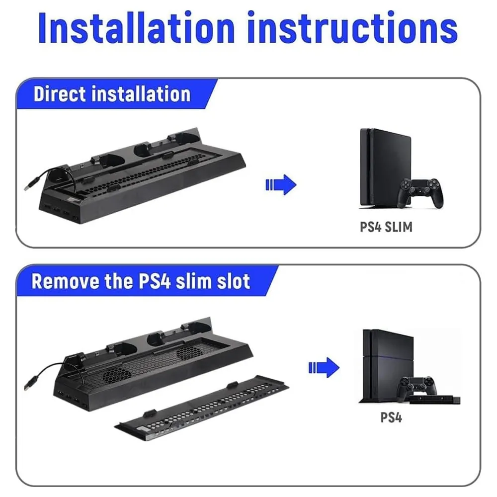 eWINNER 4 in 1 Vertical Stand for PS4 and PS4 Slim with Dual Cooling Fans, Dual Controller Charging Station and 3 Port USB Hub - 2724676278744 - Image 3
