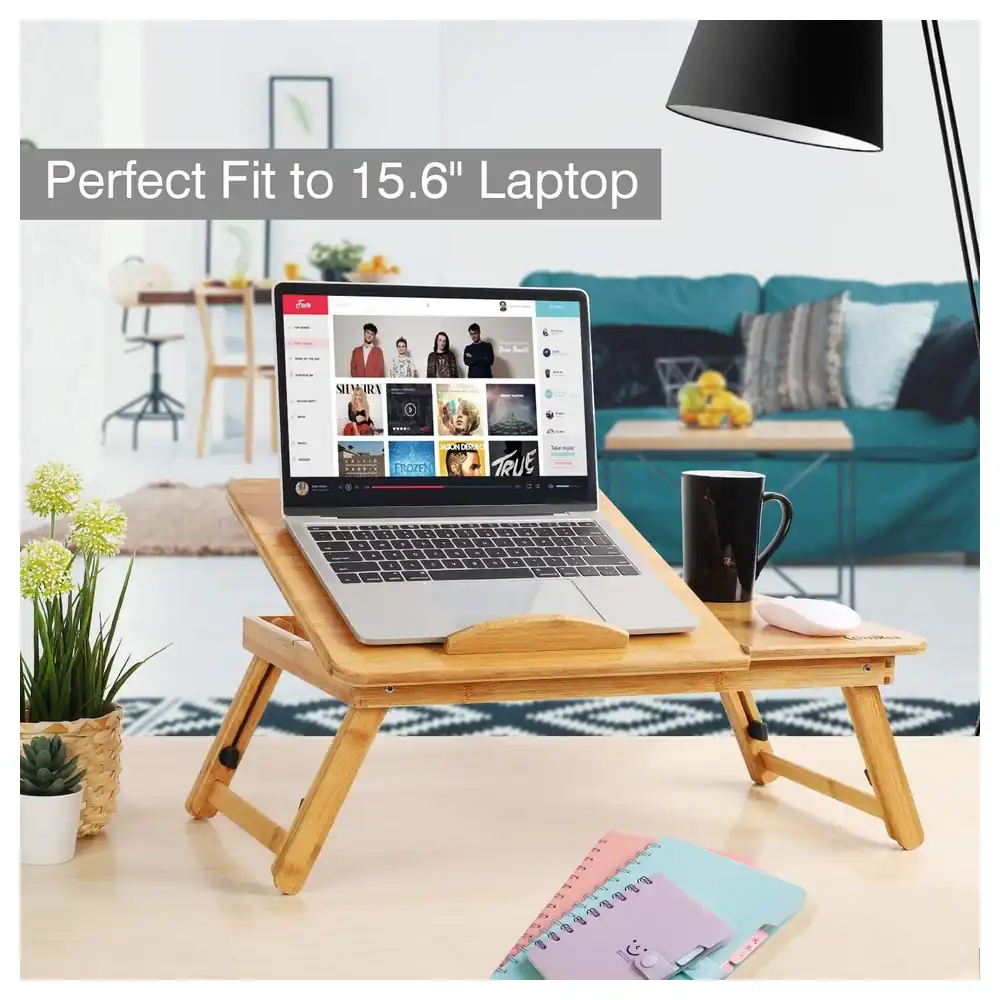 eWINNER Adjustable Bamboo Laptop Desk for Bed with Tilting Top, Side Drawer and Flower Ventilation Holes, Foldable Lap Desk Tray for up to 15.6 Inch Laptops - 46-OJLP-VC9O - Image 2