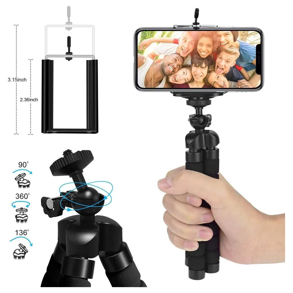eWINNER Flexible Octopus Mini Tripod with Universal Phone Clip, Bendable Sponge Legs and 360 Degree Ball Head for Smartphones and Digital Cameras, Black - FM-5JV0-73VW - Image 3