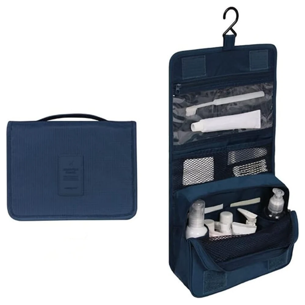 eWINNER Hanging Toiletry Bag with Metal Hook, Water-Resistant Travel Organiser with 3 Zip Compartments, Clear Pockets and Elastic Bottle Straps for Women and Men, Navy Blue - 54-KPG3-9965