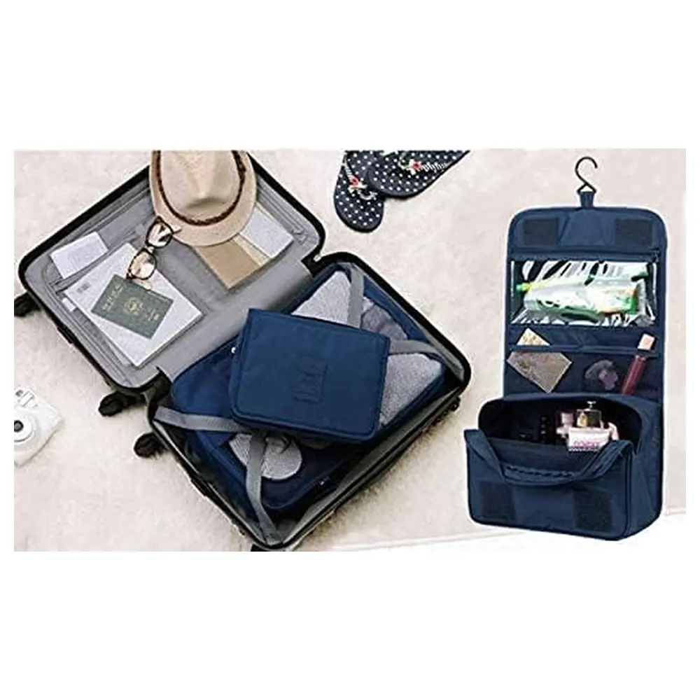 eWINNER Hanging Toiletry Bag with Metal Hook, Water-Resistant Travel Organiser with 3 Zip Compartments, Clear Pockets and Elastic Bottle Straps for Women and Men, Navy Blue - 54-KPG3-9965 - Image 5