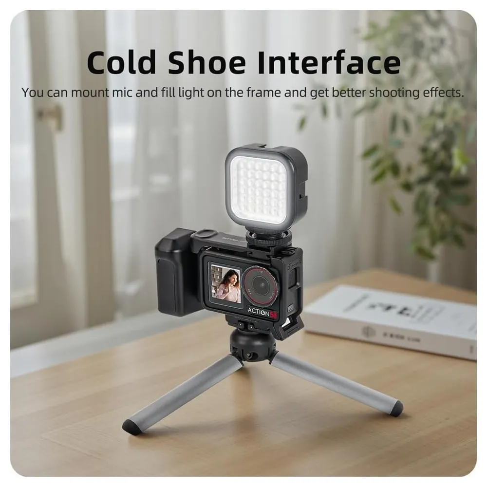 eWINNER Street Grip Kit for DJI Osmo Action 5 Pro, 4 and 3, Protective Frame with Ergonomic Side Handle, Quick Release, Cold Shoe and Wrist Strap, Black - CP-DQU5-5S1G
