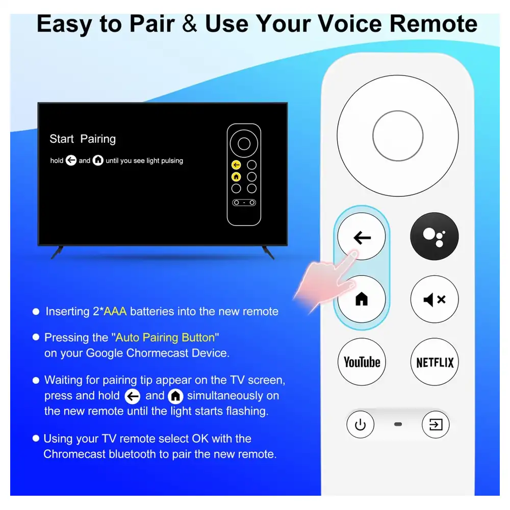 eWINNER Voice Remote Control Replacement for Google Chromecast with Google TV 4K G9N9N, Voice Search Button, App Shortcut Keys and Easy Pairing, White - E3-BK5Q-S9AR - Image 4