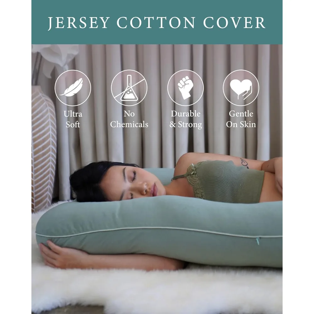 PharMeDoc U-Shape Full Body Pregnancy Pillow, Removable Organic Cotton Cover, Body Support, 53 x 31 x 7 cm, Eco-Friendly Design, Machine Washable, Sage Green - BPU-J31-SGE - Image 4