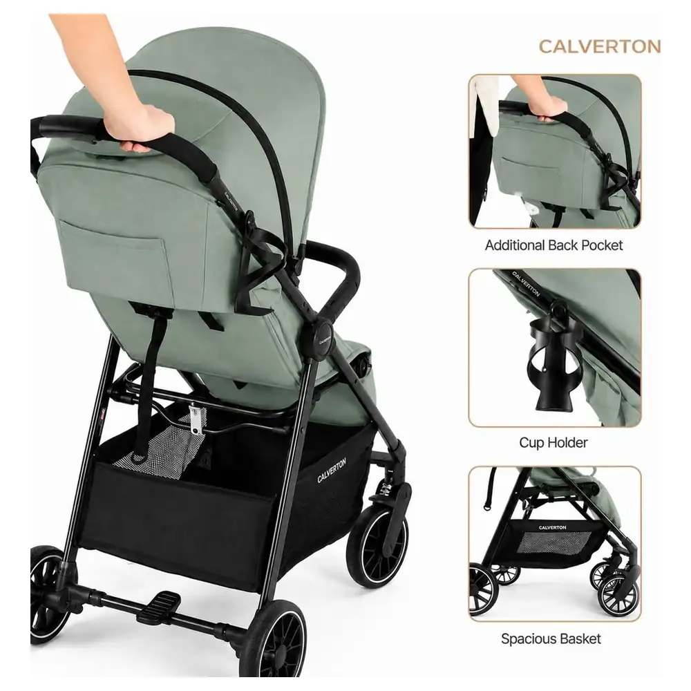Babydoes Calverton One-Hand Folding Baby Stroller with Auto-Stand, 4-Wheel Suspension, 5-Point Harness and UPF 50+ Canopy, 0-3 Years up to 22 kg, Green - CH-IY 2047C SN - Image 4