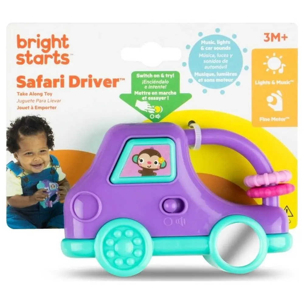 Bright Starts Safari Driver Take Along Toy with Lights, Music and Car Sounds, Bead Chaser and Baby-Safe Mirror, Purple, 3-36 Months - 16890 - Image 7