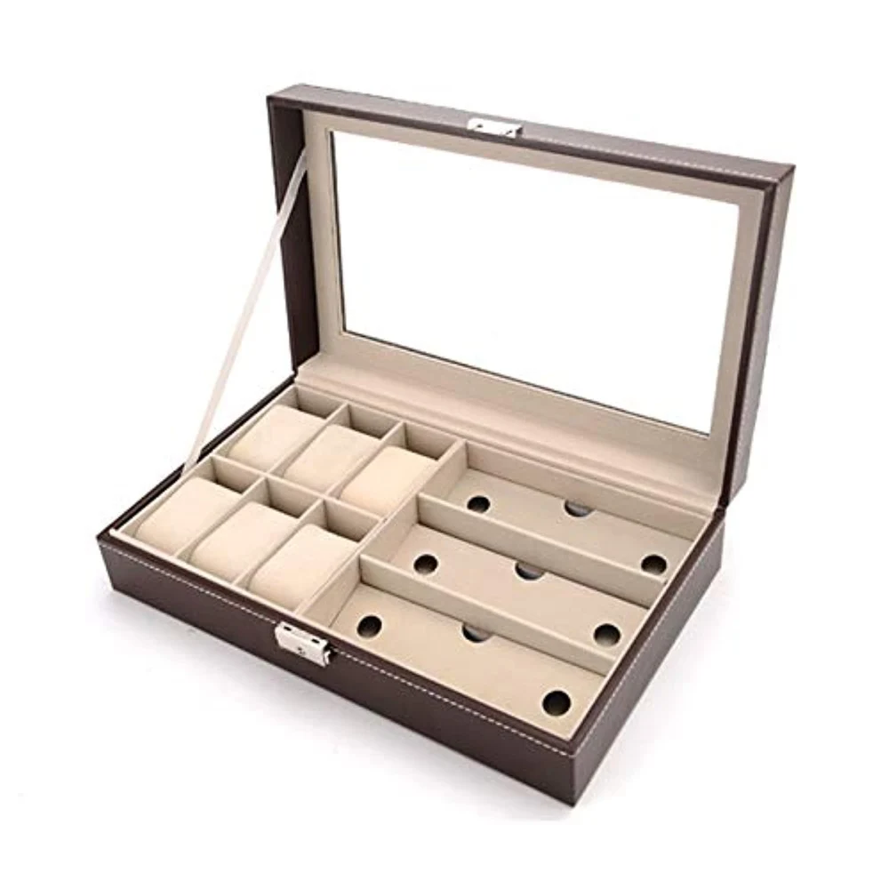eWINNER 6+3 PCS High-grade PU Leather Eyeglasses, Sunglasses, Watch and Jewelry Storage Box with Glass Window, Lock, Elegant Style, Brown - 2724676559942