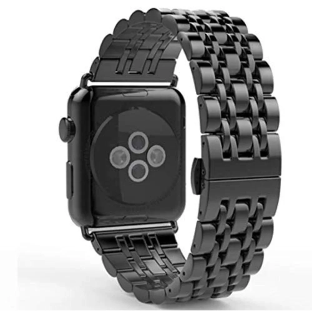 eWINNER 7 Beads Stainless Steel Watch Band Bracelet for Apple Watch Series 7, 6, 5, 4, 3, 2, 1 and SE, 42mm 44mm 45mm Metal Strap, Black - OE-FVTA-2U0G - Image 2