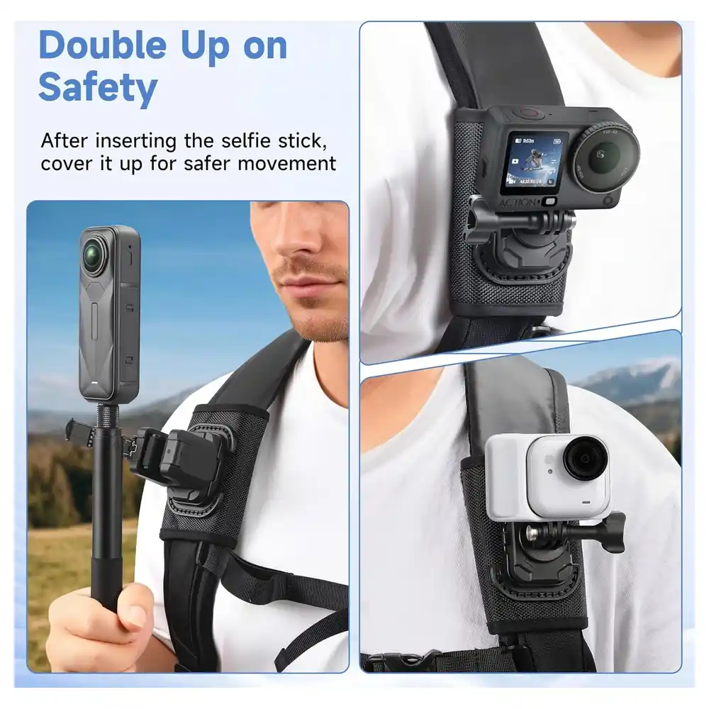 eWINNER Selfie Stick Holster Backpack Clip Mount with Hook and Loop Strap for Insta360 X5, X4, GO Ultra, GoPro Hero 13, 12, DJI Osmo 360 and Action 5 Pro - NX-TRGK-93UD - Image 5