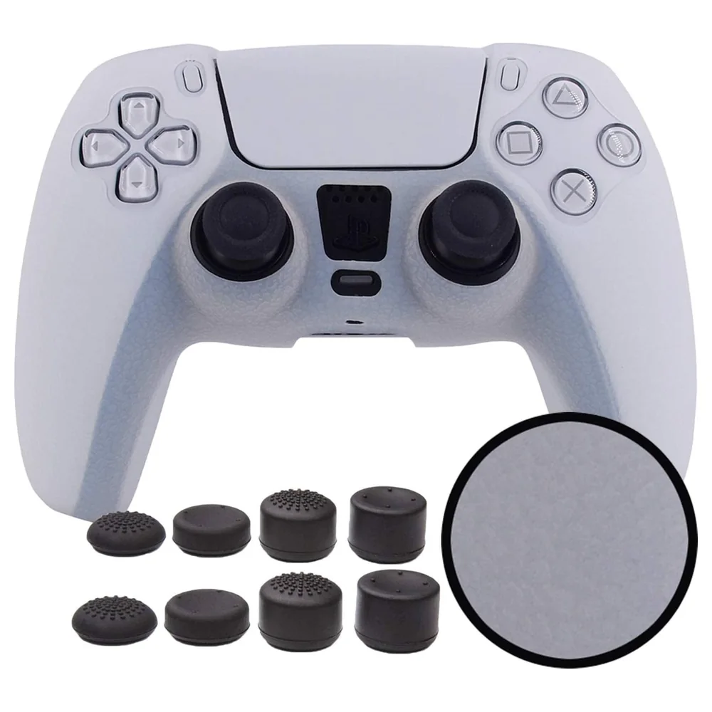 eWINNER Skin-Texture Silicone Cover for PS5 DualSense Controller with 8 FPS Thumb Grip Caps, Sweat-Proof Anti-Slip Grip Protector, White - MC-REGZ-AD18