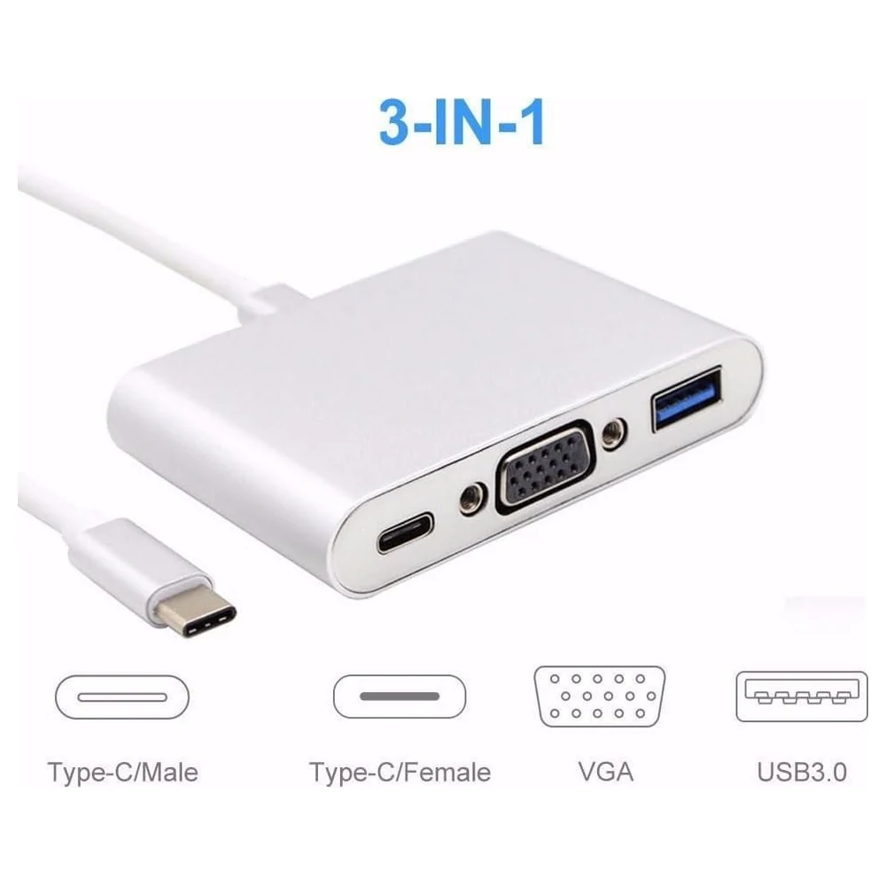 eWINNER USB C to VGA Adapter, 3-in-1 Multiport Hub with VGA Output, USB 3.0 Port and 60W USB-C PD Pass-Through Charging for MacBook, Chromebook and Laptops, Silver - R0-3VZM-WY6R - Image 2