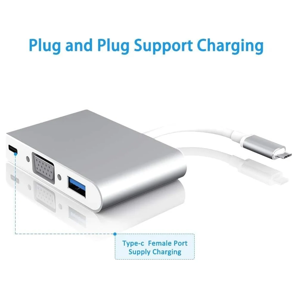 eWINNER USB C to VGA Adapter, 3-in-1 Multiport Hub with VGA Output, USB 3.0 Port and 60W USB-C PD Pass-Through Charging for MacBook, Chromebook and Laptops, Silver - R0-3VZM-WY6R - Image 5