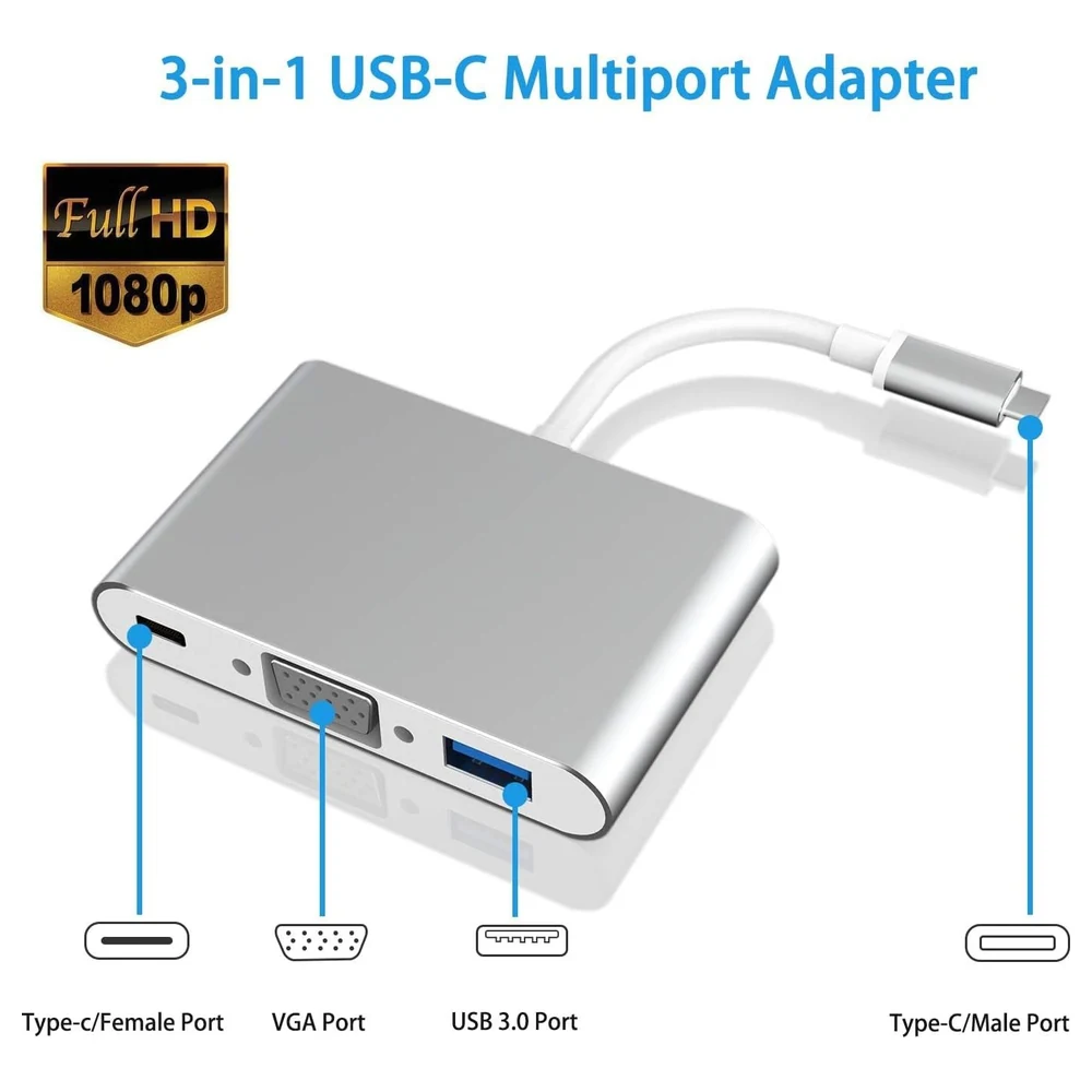 eWINNER USB C to VGA Adapter, 3-in-1 Multiport Hub with VGA Output, USB 3.0 Port and 60W USB-C PD Pass-Through Charging for MacBook, Chromebook and Laptops, Silver - R0-3VZM-WY6R - Image 6