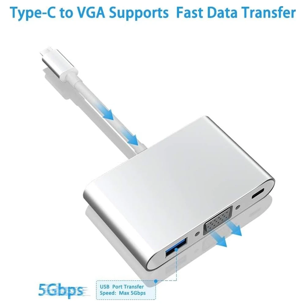 eWINNER USB C to VGA Adapter, 3-in-1 Multiport Hub with VGA Output, USB 3.0 Port and 60W USB-C PD Pass-Through Charging for MacBook, Chromebook and Laptops, Silver - R0-3VZM-WY6R - Image 8