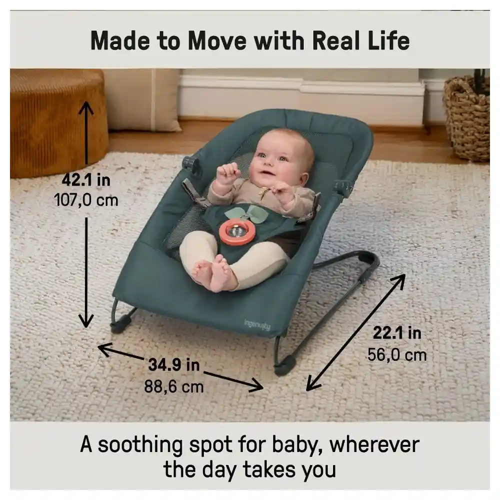 Ingenuity Stow & Go Compact Folding Baby Bouncer with CalmTouch Vibe-Pod, Carry Bag and Removable Rattle, Green, 0-6 Months - 17681-040 - Image 2