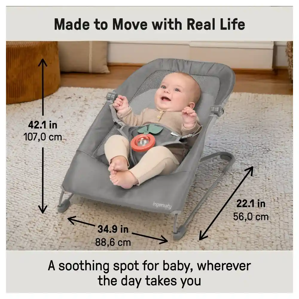 Ingenuity Stow & Go Compact Folding Baby Bouncer with CalmTouch Vibration, Removable Rattle Toy and Carry Bag, Grey, 0-6 Months - 17681-091 - Image 2