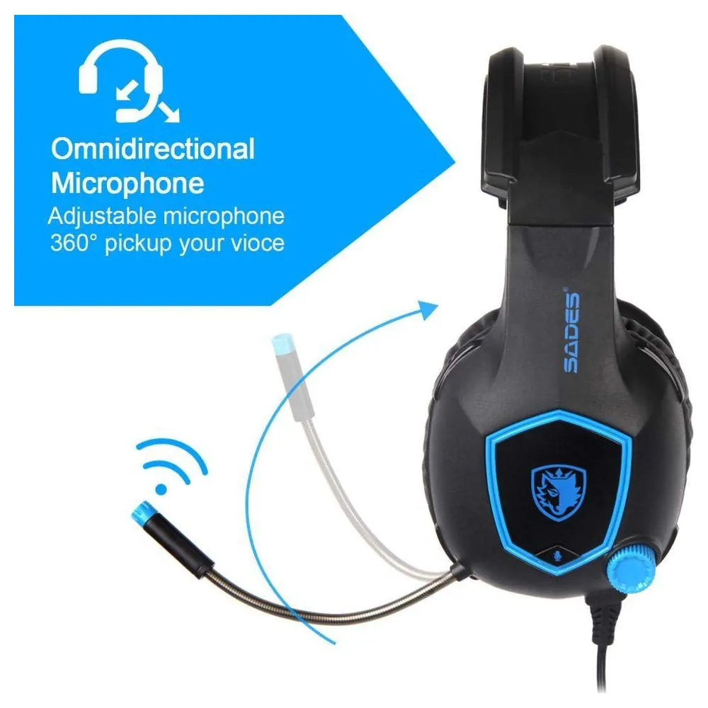 SADES SA-818 Wired Over-Ear Gaming Headset with Adjustable Noise-Reduction Mic, Volume Knob, Braided Cable and 3.5 mm Plug for PS4, Xbox One and PC, Blue - 2724629005755 - Image 4